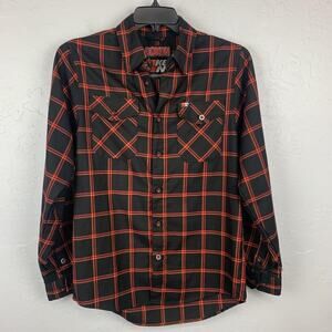 Dixxon Flannel Company Shirt Mens Small Black Orange Plaid K&N Button Front